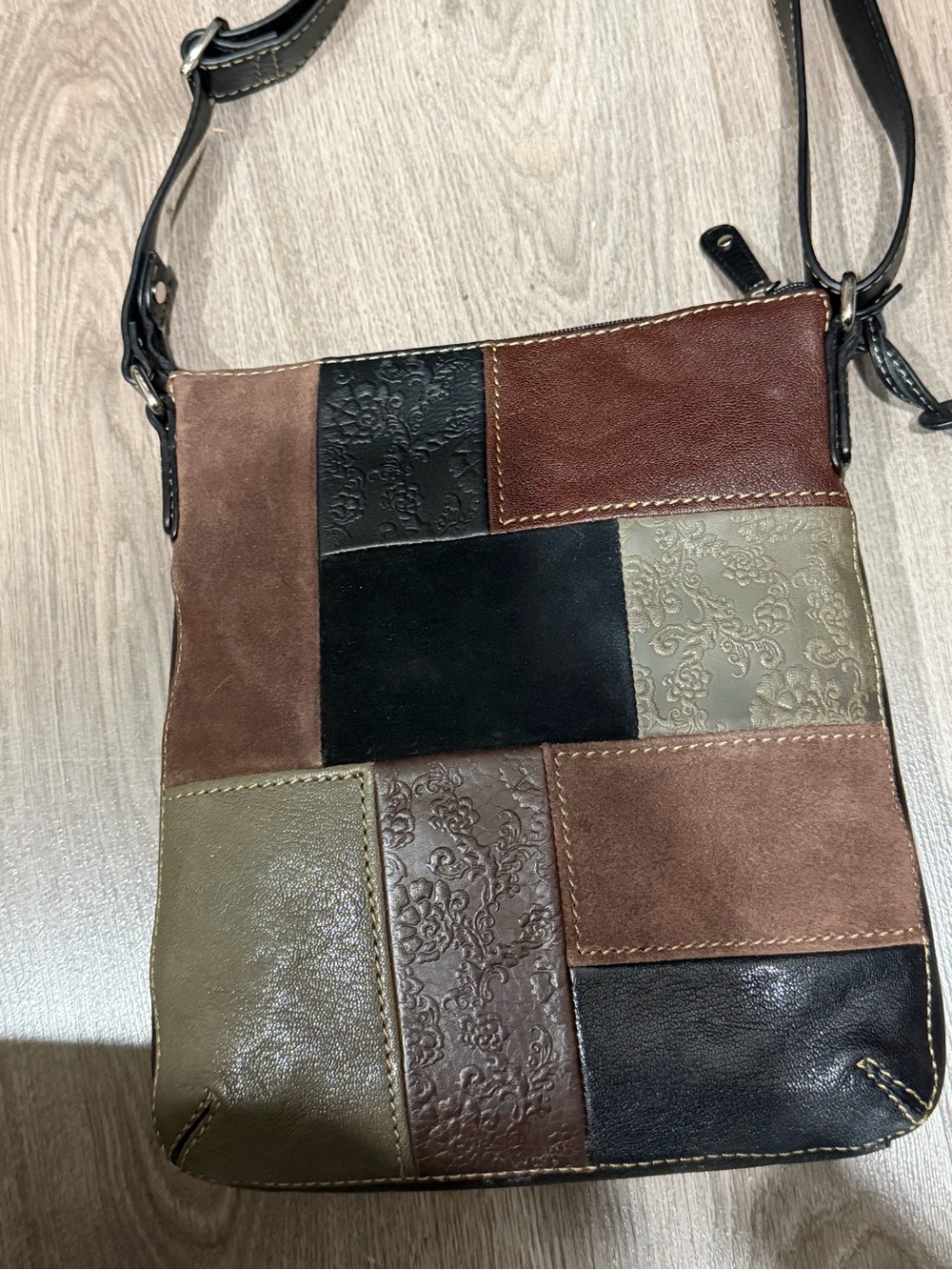 Fossil Patchwork Leather Crossbody in Brown, Black, Tan